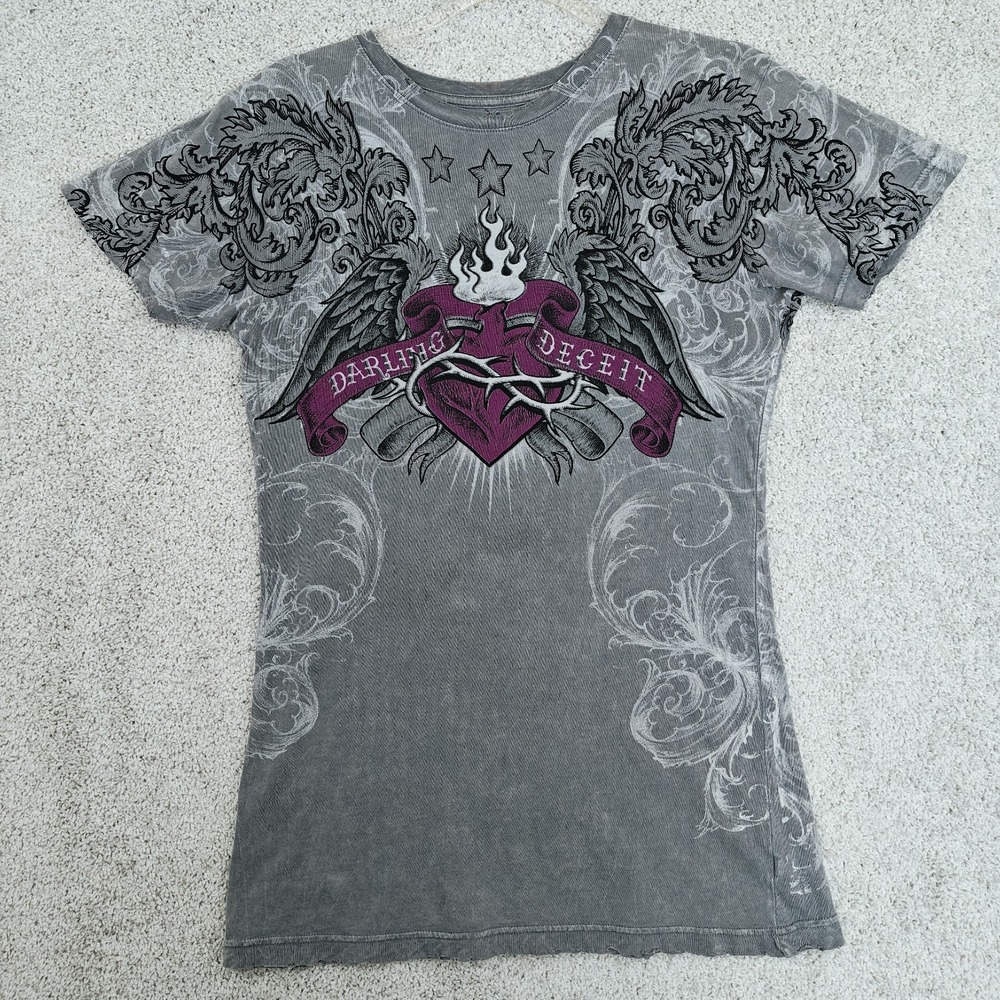 SINFUL by AFFLICTION Women's Darling‎ Deceit Heart w/Flames T-shirt Size L Gray